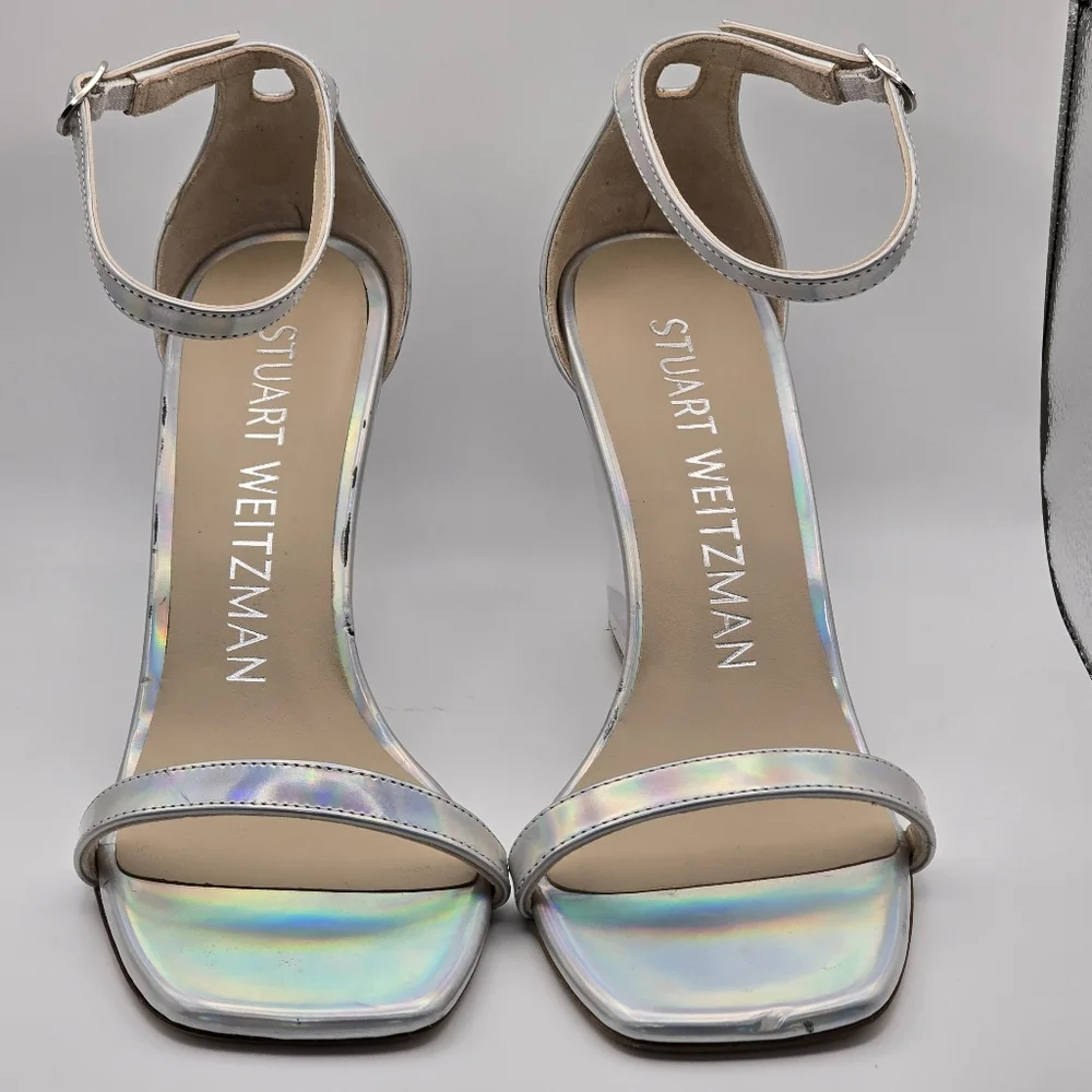 Stuart Weitzman Silver Nudist Lucite Iridescent Clear Wedge Sandal Size 7 - Picture 2 of 15